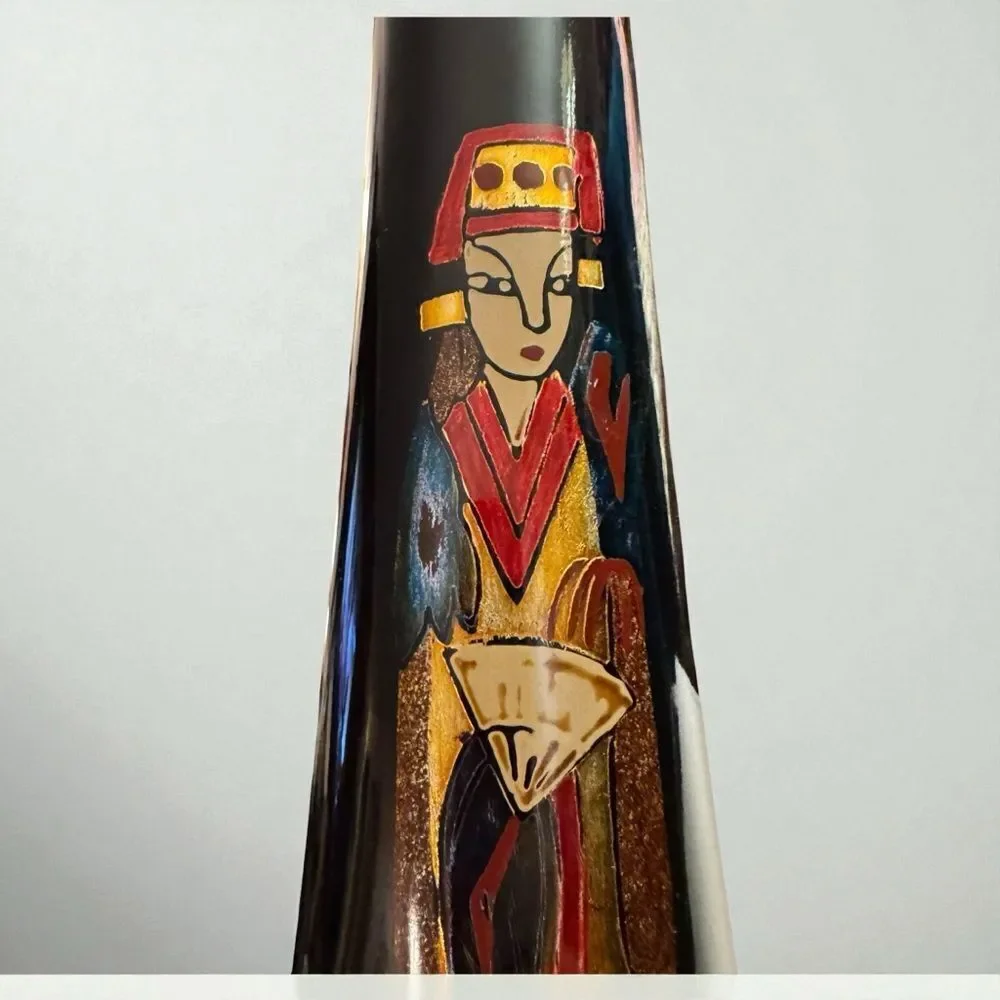 Vintage Japanese Gilded Gold Black Lacquer Tall Vase